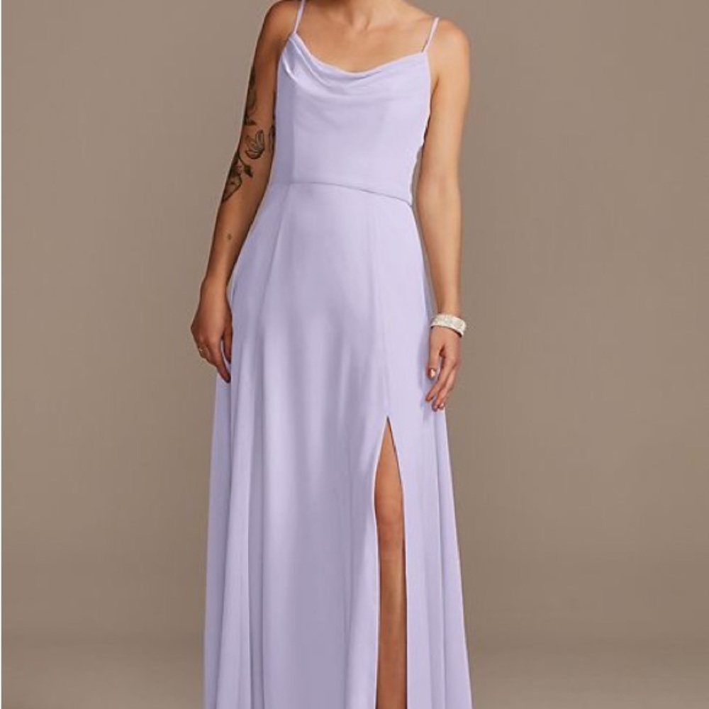 Davids Bridal cowl neck chiffon full length bridesmaid dress with slit in Iris